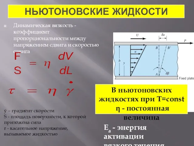 НЬЮТОНОВСКИЕ ЖИДКОСТИ Динамическая вязкость - коэффициент пропорциональности между напряжением сдвига и