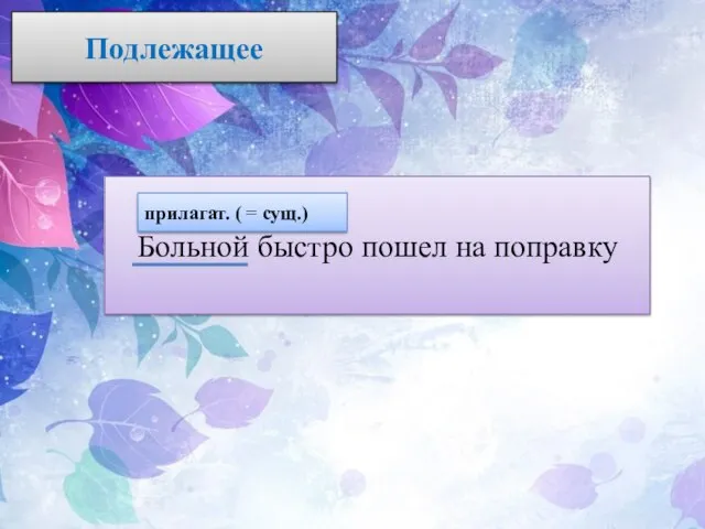 Подлежащее Больной быстро пошел на поправку прилагат. ( = сущ.)