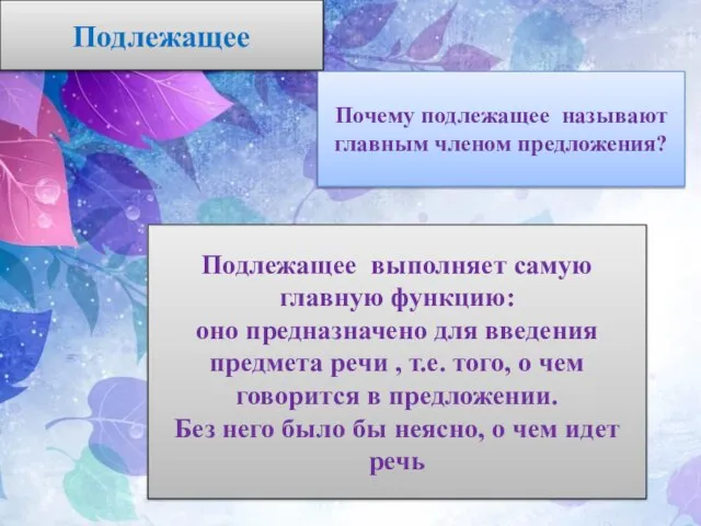 Подлежащее Почему подлежащее называют главным членом предложения? Подлежащее выполняет самую главную