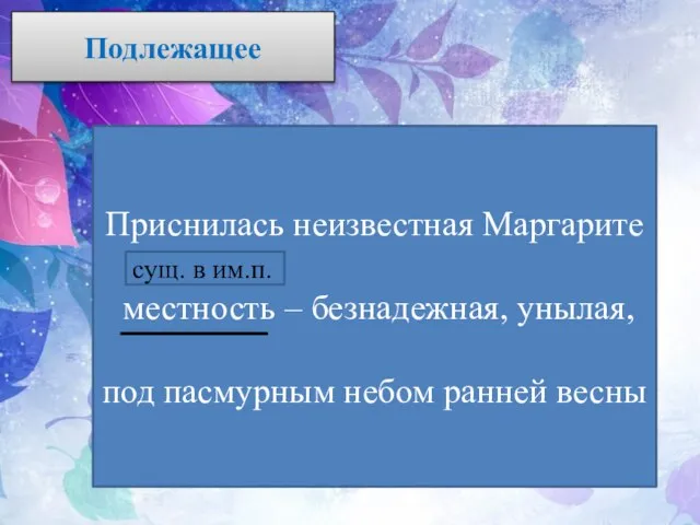 Подлежащее Приснилась неизвестная Маргарите местность – безнадежная, унылая, под пасмурным небом ранней весны сущ. в им.п.