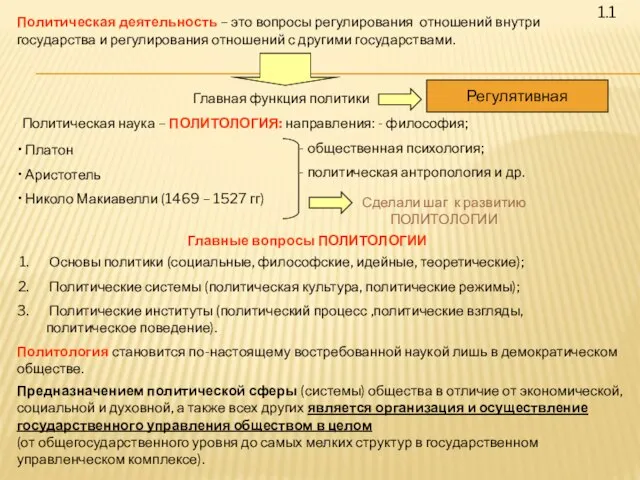 1.1 Политическая деятельность – это вопросы регулирования отношений внутри государства и