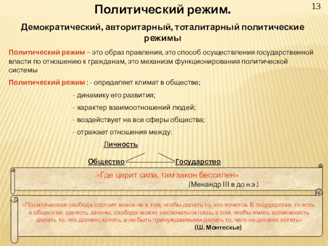 13 Политический режим. Демократический, авторитарный, тоталитарный политические режимы Политический режим –