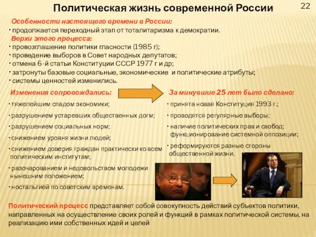 22 Политическая жизнь современной России Особенности настоящего времени в России: продолжается