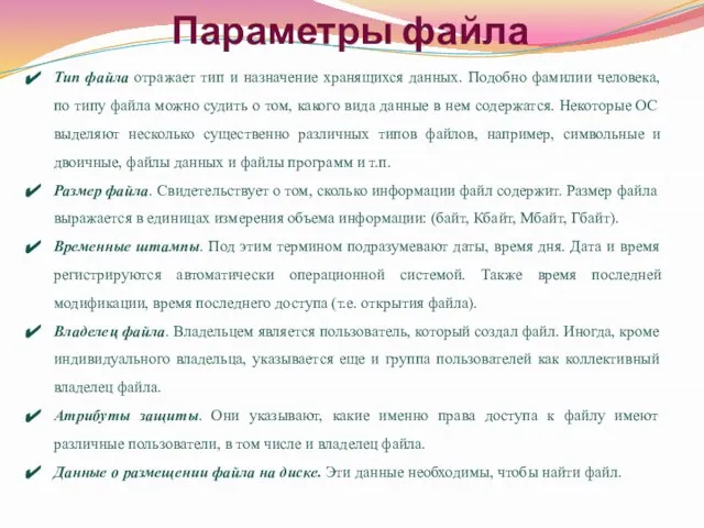 Параметры файла Тип файла отражает тип и назначение хранящихся данных. Подобно