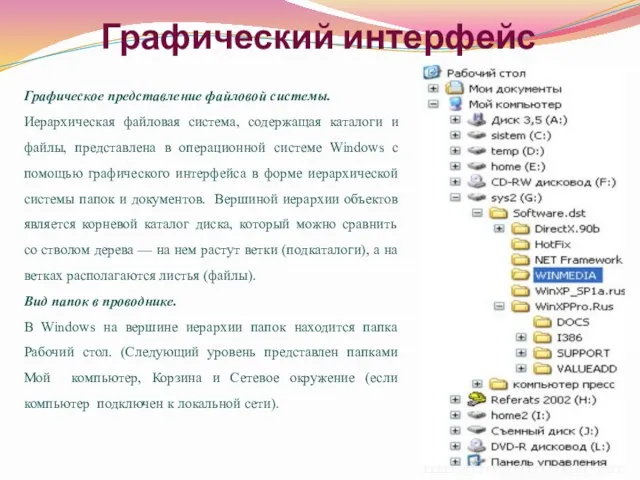 Графический интерфейс Графическое представление файловой системы. Иерархическая файловая система, содержащая каталоги