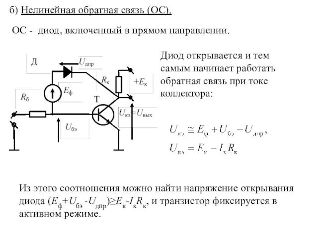 б) Нелинейная обратная связь (ОС). ОС - диод, включенный в прямом