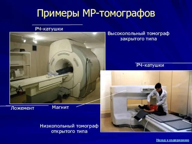 Высокопольный томограф закрытого типа Низкопольный томограф открытого типа Примеры МР-томографов РЧ-катушки Ложемент РЧ-катушки Магнит