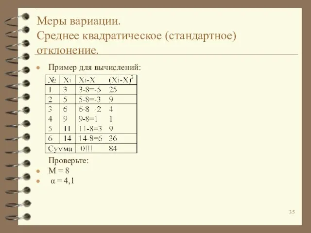 Меры вариации. Среднее квадратическое (стандартное) отклонение. Пример для вычислений: Проверьте: М = 8 α = 4,1