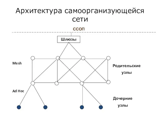 Архитектура самоорганизующейся сети ССОП Mesh Ad Hoc Дочерние узлы Родительские узлы Шлюзы