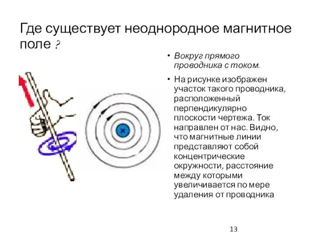 Где существует неоднородное магнитное поле ? Вокруг прямого проводника с током.