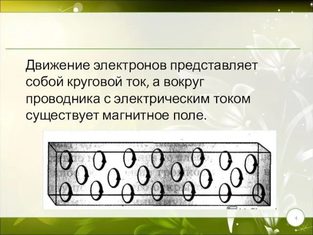 Движение электронов представляет собой круговой ток, а вокруг проводника с электрическим током существует магнитное поле.