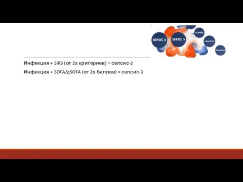 Инфекция + SIRS (от 2х критериев) = сепсис-2 Инфекция + SOFA/qSOFA (от 2х баллов) = сепсис-3