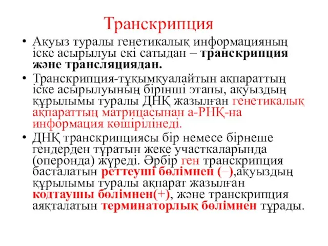 Транскрипция Ақуыз туралы генетикалық информацияның іске асырылуы екі сатыдан – транскрипция