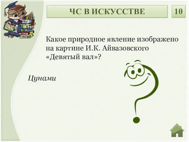 Цунами Какое природное явление изображено на картине И.К. Айвазовского «Девятый вал»? ЧС В ИСКУССТВЕ 10