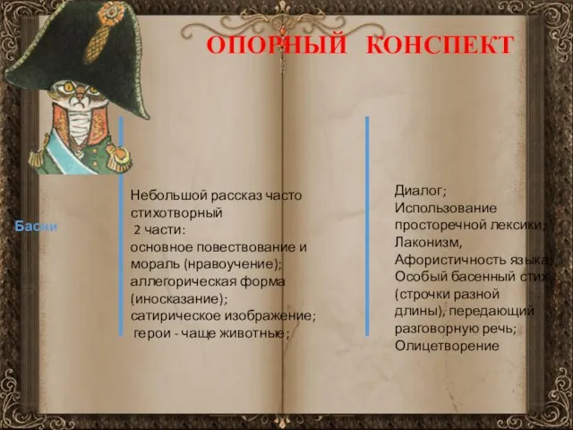 ОПОРНЫЙ КОНСПЕКТ Басни Небольшой рассказ часто стихотворный 2 части: основное повествование