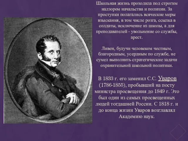 Школьная жизнь проходила под строгим надзором начальства и полиции. За проступки