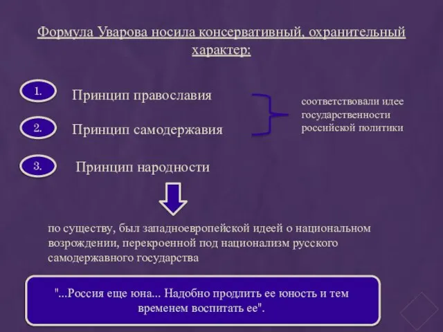 Формула Уварова носила консервативный, охранительный характер: Принцип православия Принцип самодержавия 1.