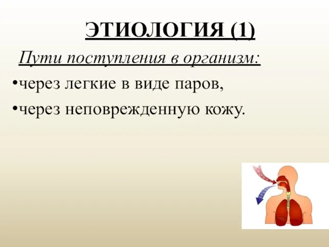 ЭТИОЛОГИЯ (1) Пути поступления в организм: через легкие в виде паров, через неповрежденную кожу.