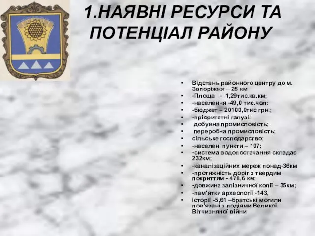 1.НАЯВНІ РЕСУРСИ ТА ПОТЕНЦІАЛ РАЙОНУ Відстань районного центру до м.Запоріжжя –