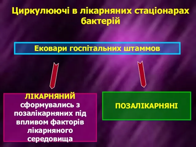 ЛІКАРНЯНИЙ сформувались з позалікарняних під впливом факторів лікарняного середовища ПОЗАЛІКАРНЯНІ Ековари