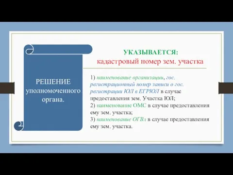 УКАЗЫВАЕТСЯ: кадастровый номер зем. участка 1) наименование организации, гос. регистрационный номер