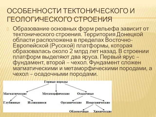 ОСОБЕННОСТИ ТЕКТОНИЧЕСКОГО И ГЕОЛОГИЧЕСКОГО СТРОЕНИЯ Образование основных форм рельефа зависит от