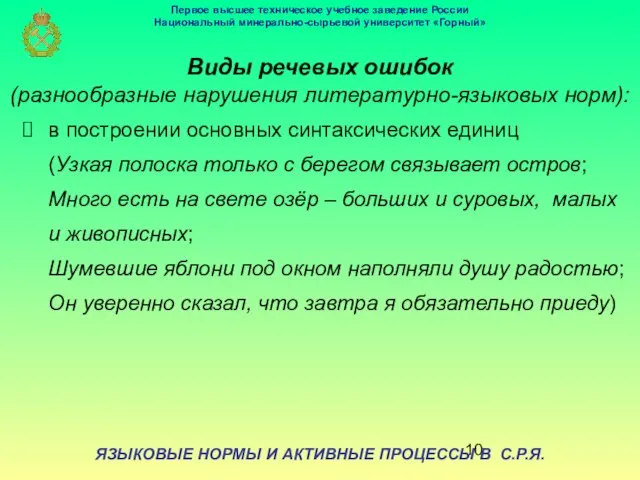 ЯЗЫКОВЫЕ НОРМЫ И АКТИВНЫЕ ПРОЦЕССЫ В С.Р.Я. Виды речевых ошибок (разнообразные