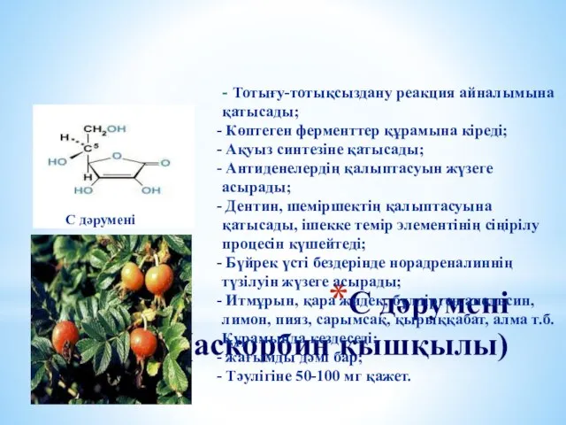 С дәрумені (аскорбин қышқылы) С дәрумені - Тотығу-тотықсыздану реакция айналымына қатысады;