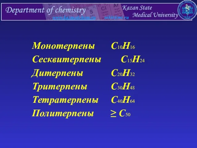 www.kazmedchem.ru nikit@mi.ru Монотерпены C10H16 Сесквитерпены C15H24 Дитерпены C20H32 Тритерпены C30H48 Тетратерпены C40H64 Политерпены ≥ C50