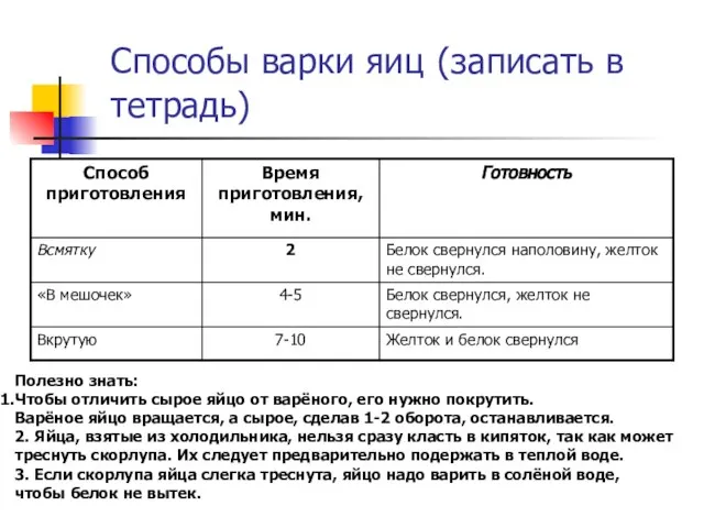 Способы варки яиц (записать в тетрадь) Полезно знать: Чтобы отличить сырое