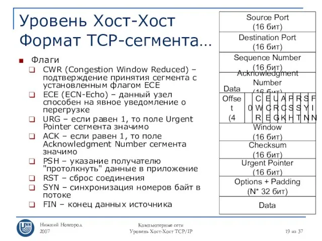Нижний Новгород 2007 Компьютерные сети Уровень Хост-Хост TCP/IP из 37 Уровень