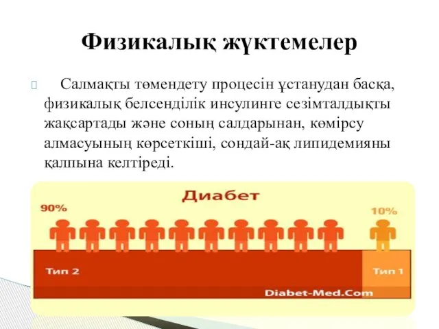 Салмақты төмендету процесін ұстанудан басқа, физикалық белсенділік инсулинге сезімталдықты жақсартады және