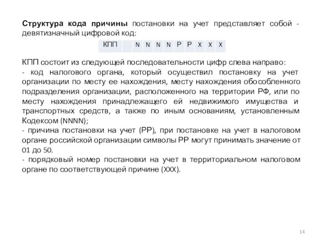 Структура кода причины постановки на учет представляет собой - девятизначный цифровой