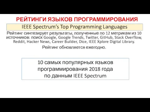 РЕЙТИНГИ ЯЗЫКОВ ПРОГРАММИРОВАНИЯ Рейтинг синтезирует результаты, полученные по 12 метрикам из