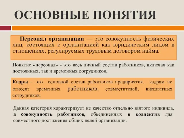 ОСНОВНЫЕ ПОНЯТИЯ Персонал организации — это совокупность физических лиц, состоящих с