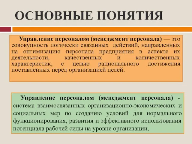 ОСНОВНЫЕ ПОНЯТИЯ Управление персоналом (менеджмент персонала) — это совокупность логически связанных