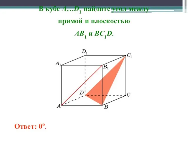 В кубе A…D1 найдите угол между прямой и плоскостью AB1 и BC1D. Ответ: 0o.