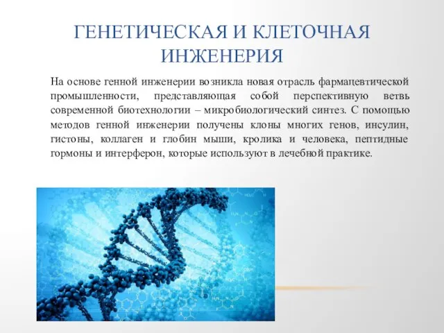 ГЕНЕТИЧЕСКАЯ И КЛЕТОЧНАЯ ИНЖЕНЕРИЯ На основе генной инженерии возникла новая отрасль