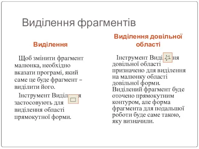 Виділення Виділення довільної області Щоб змінити фрагмент малюнка, необхідно вказати програмі,