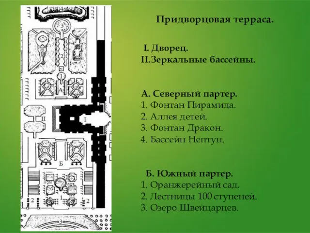 Придворцовая терраса. I. Дворец. II.Зеркальные бассейны. А. Северный партер. 1. Фонтан