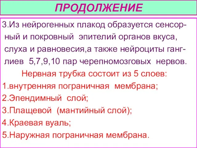 ПРОДОЛЖЕНИЕ 3.Из нейрогенных плакод образуется сенсор- ный и покровный эпителий органов