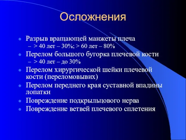 Осложнения Разрыв вращающей манжеты плеча > 40 лет – 30%; >