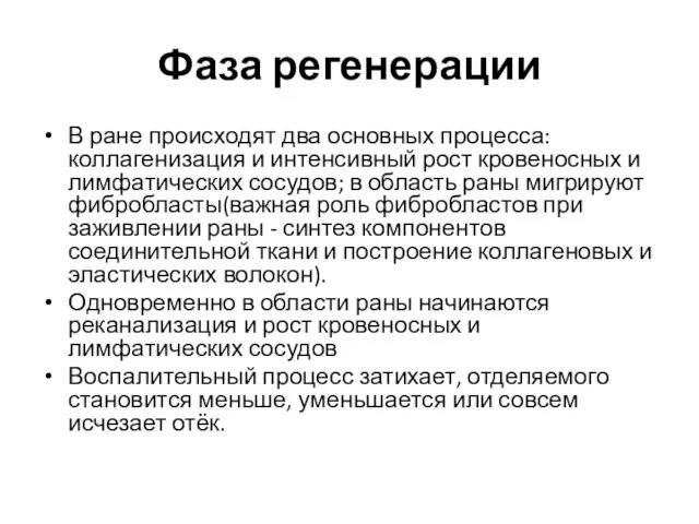 Фаза регенерации В ране происходят два основных процесса: коллагенизация и интенсивный