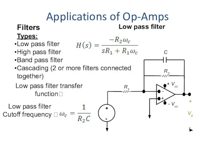 Applications of Op-Amps Filters Types: Low pass filter High pass filter