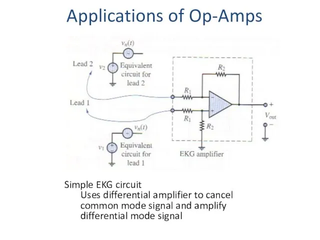 Applications of Op-Amps Simple EKG circuit Uses differential amplifier to cancel