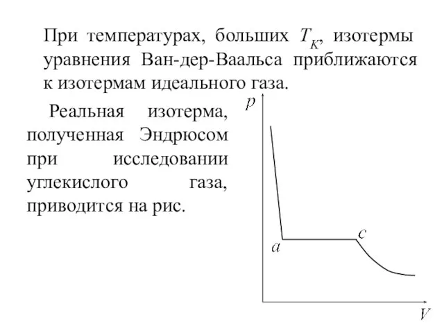 При температурах, больших TK, изотермы уравнения Ван-дер-Ваальса приближаются к изотермам идеального