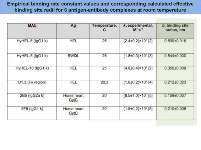 Empirical binding rate constant values and corresponding calculated effective binding site