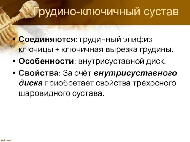 Грудино-ключичный сустав Соединяются: грудинный эпифиз ключицы + ключичная вырезка грудины. Особенности: