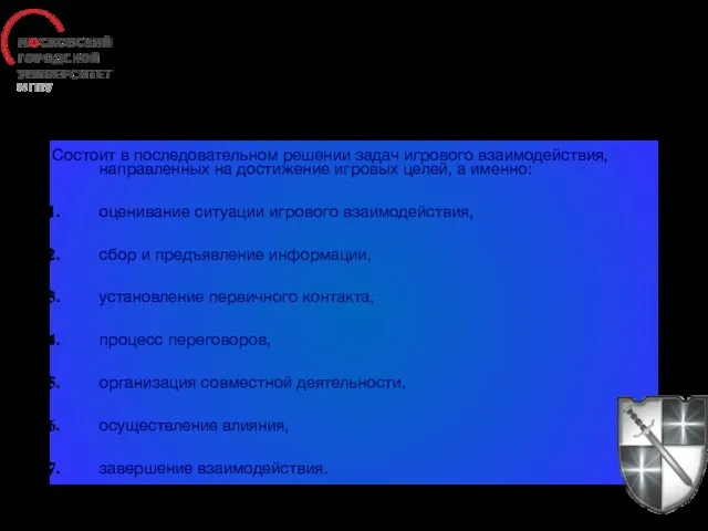 Организация взаимодействия Состоит в последовательном решении задач игрового взаимодействия, направленных на