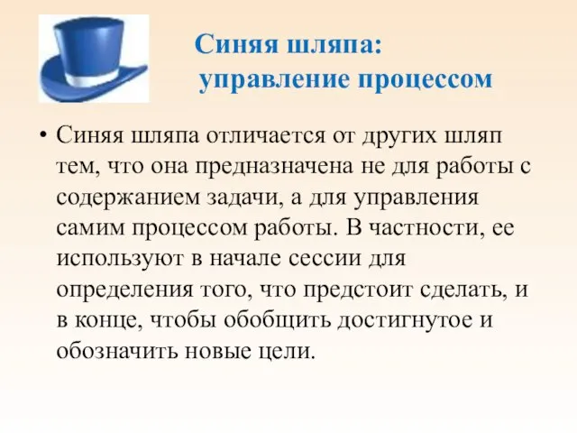 Синяя шляпа: управление процессом Синяя шляпа отличается от других шляп тем,